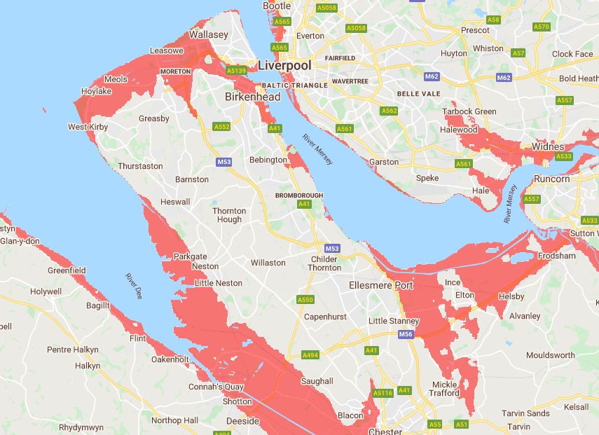 map of the wirral Here Are The Areas Of Wirral Most Likely To Flood By 2050 Wirral Globe map of the wirral