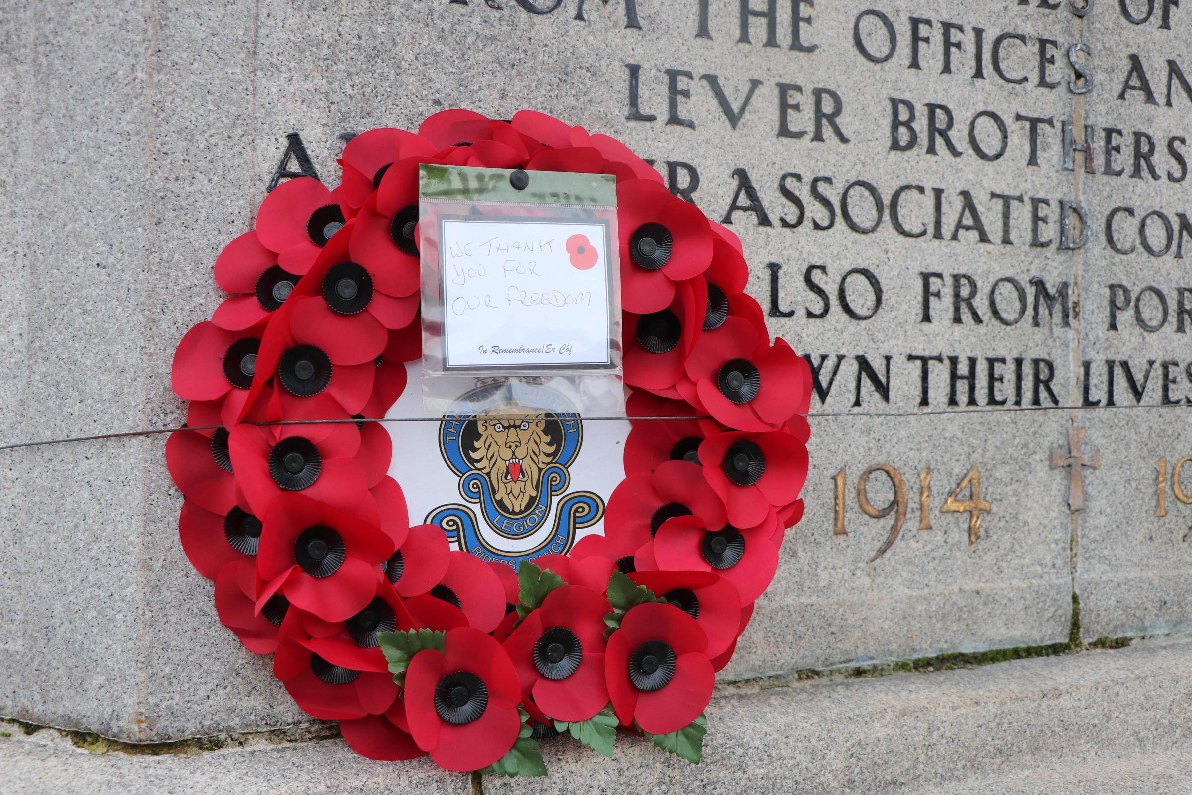 A reef placed on the war memorial in Port Sunlight simply says Thank you for our freedom.