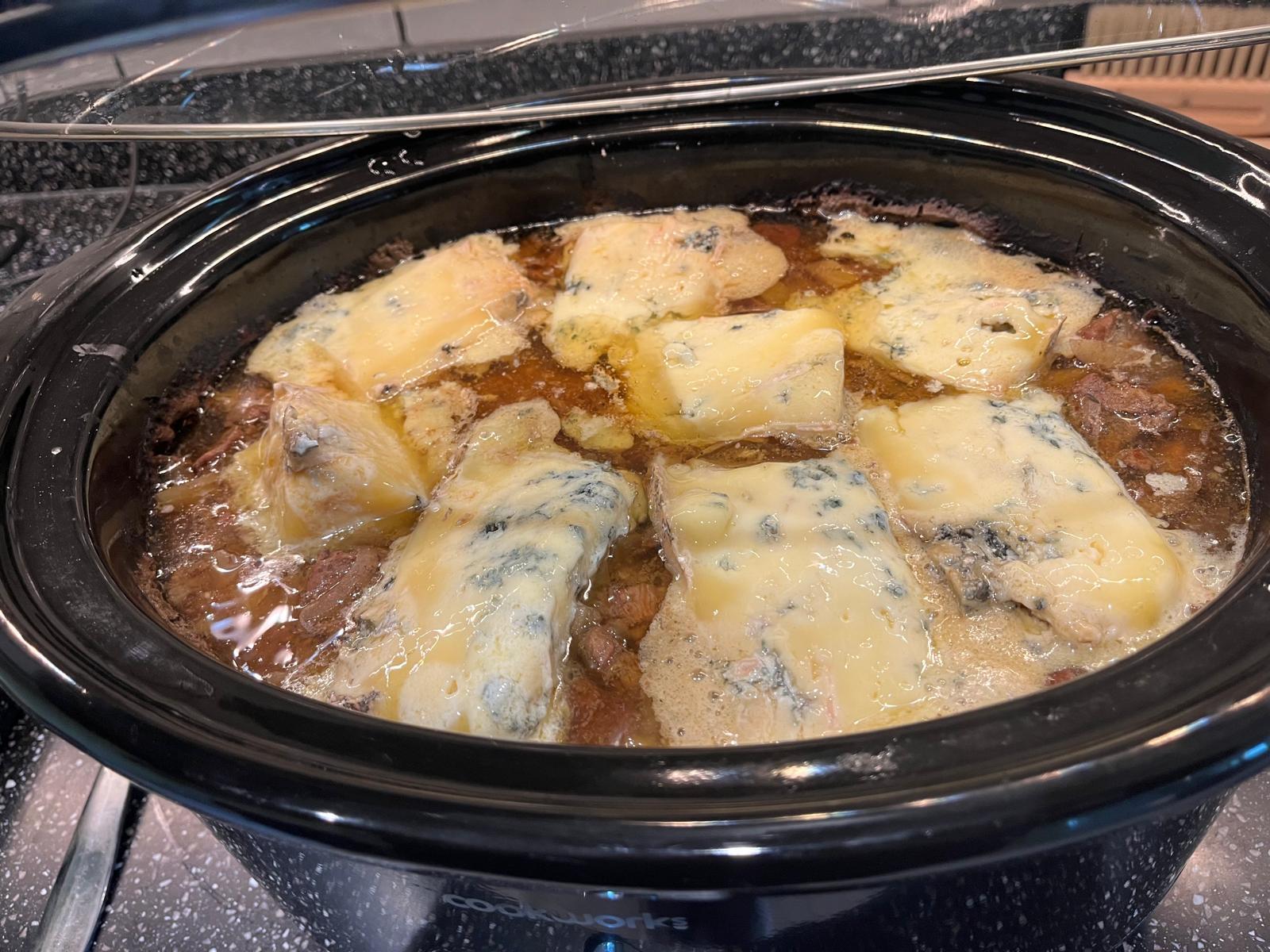 Steak and stilton filling cooking before being added to the pastry