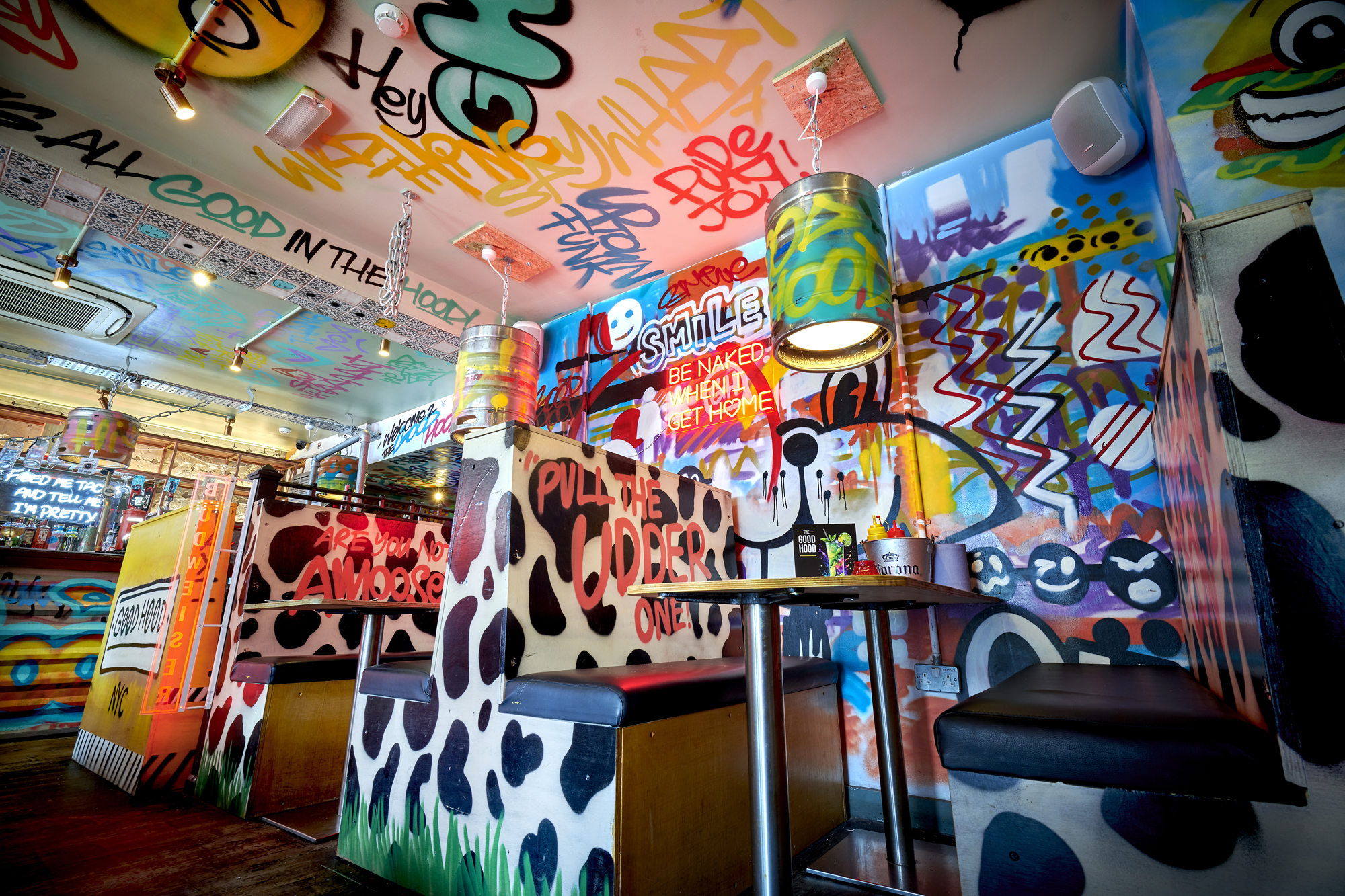 The decor is filled with eye-catching graffiti