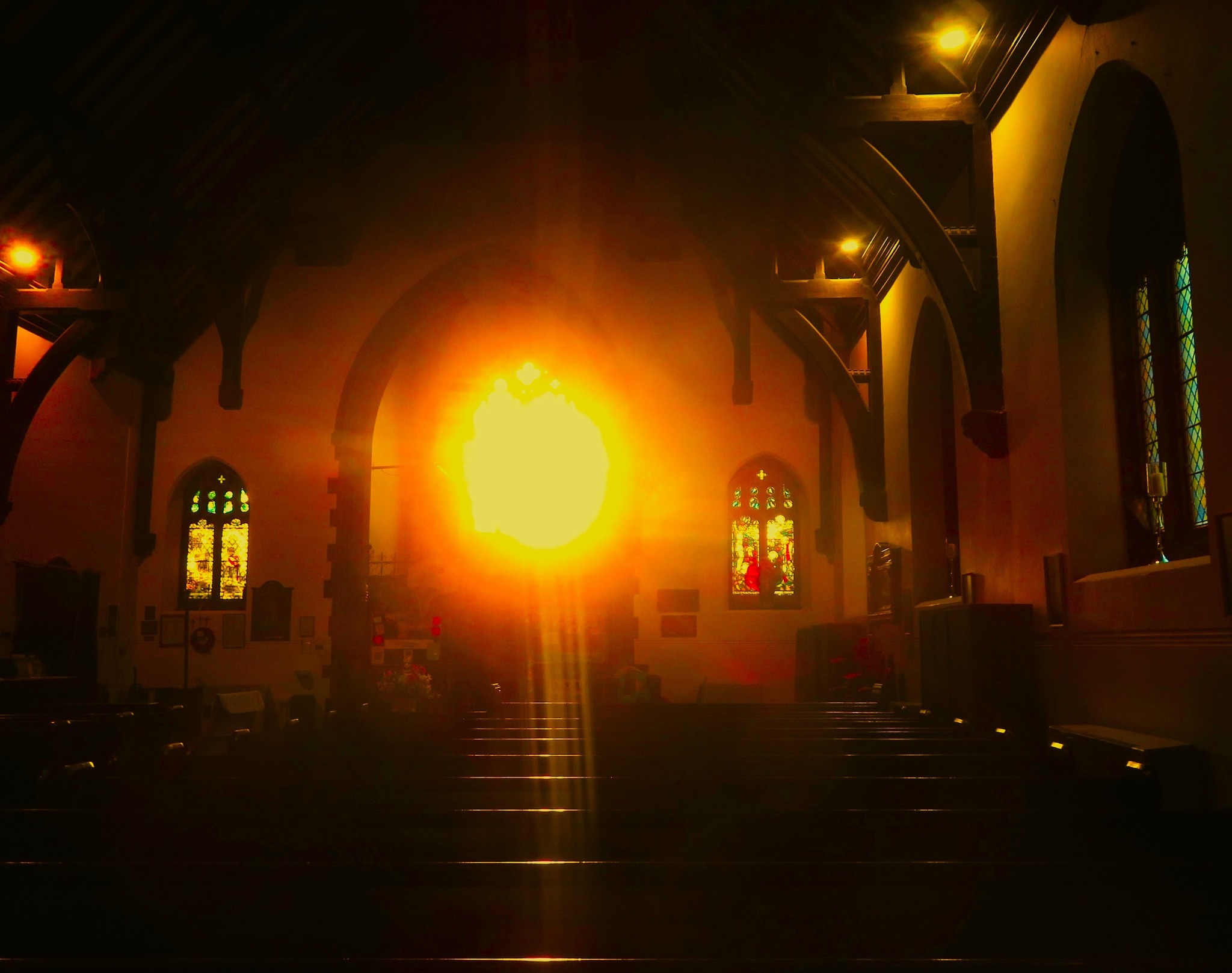 Sun bursts through window at St Marys Church Liscard by Jan Peddie